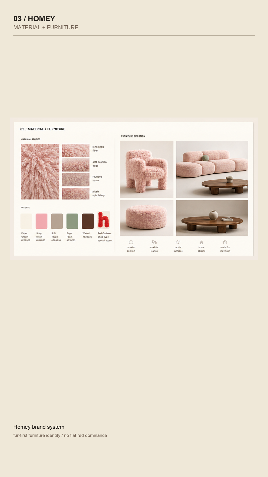 Homey furniture identity board with material palette and furniture direction